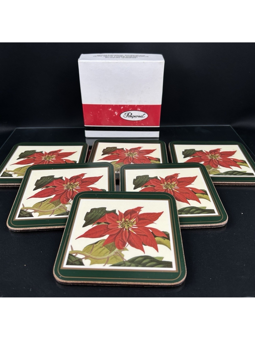 Pimpernel Christmas Coasters Poinsettia Design 4" Set of 6 Made In England Cork